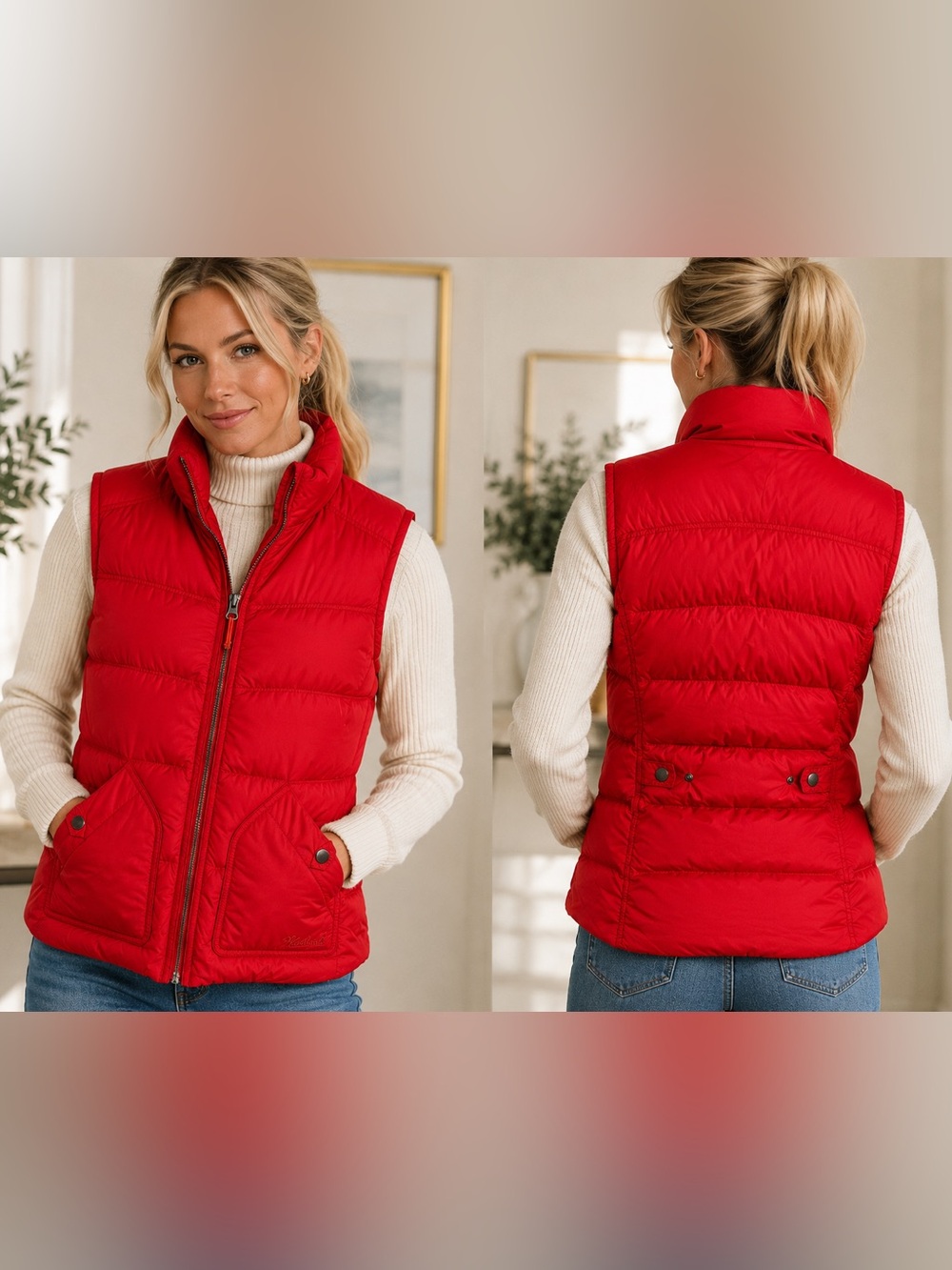 Woolrich Red Duck Down Puffer Quilted Vest Y2K Gorpcore Outdoor Zip Cozy Core, L
